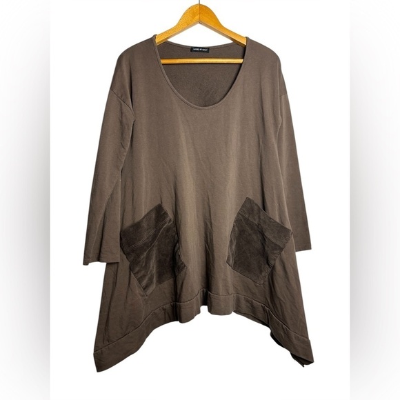 Made in Italy Brown Lagenlook Long Sleeve Baggy velvet Pocket front Blouse Sz M - Picture 1 of 10